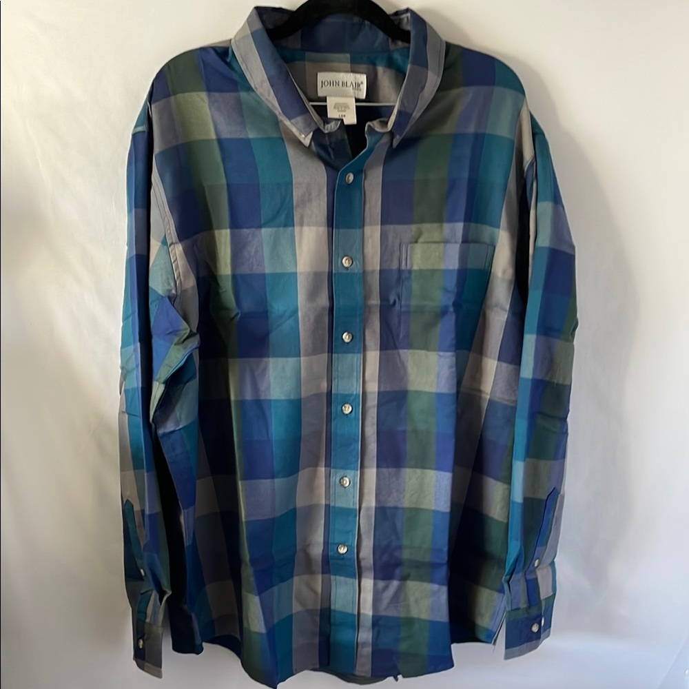 John Blair Casual Blue and Green Plaid Button Down Shirt